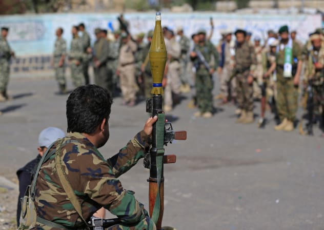 Fighters loyal to the Houthi terrorist group, gather during a recruitment rally, in Sanaa on September 10, 2026. 