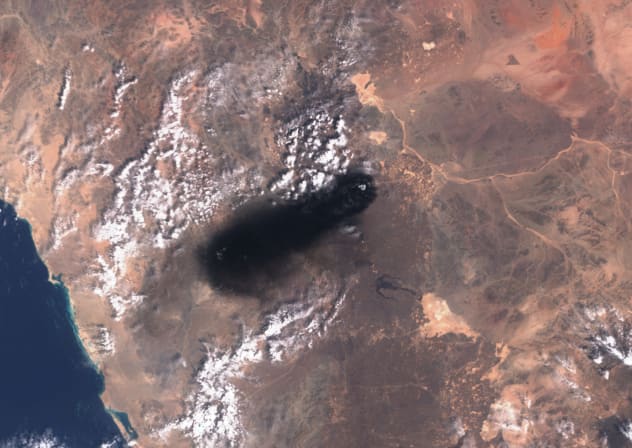 A satellite image shows black smoke rising from an area of Saudi Arabia’s East-West oil pipeline south of Medina, Hejaz Region, Saudi Arabia September 10, 2026. 