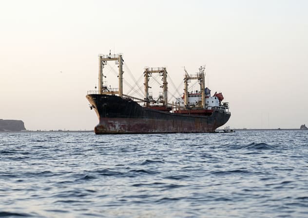 A commercial vessel is anchored off Yemen's coast at Bab al-Mandeb, in the straits connecting the Red Sea with the Gulf of Aden and the Indian Ocean on September 12, 2026.