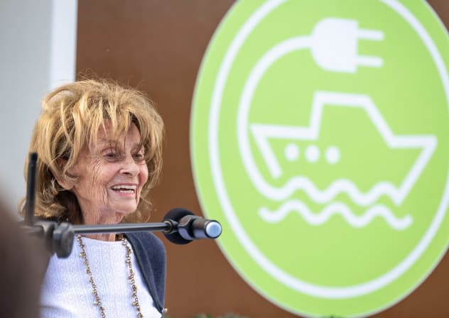Charlotte Knobloch, president of the Jewish Community of Munich and Upper Bavaria, speaks during the christening of the new electric motorboat "Gmund." Sept. 1, 2026.