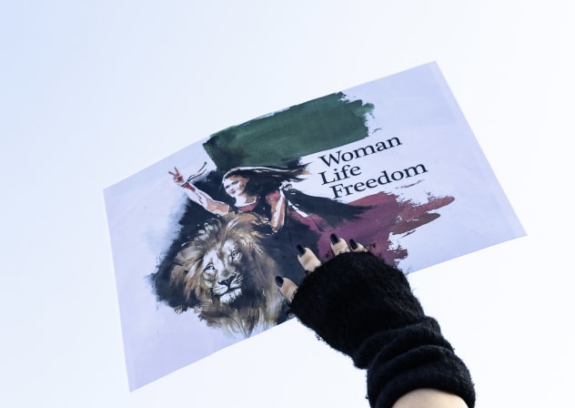 A woman hand holds a sign with drawings of a lion and an Iranian woman and the slogan Woman Life Freedom in Paris in France on January 18, 2026. Demonstration in support of the Iranian uprising against the Islamic and in favor of the return of Reza Pahlavi.