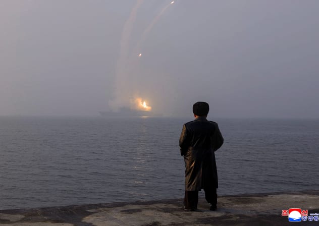 This picture taken on March 4, 2026 and released by North Korea's official Korean Central News Agency (KCNA) on March 5, 2026 shows North Korean leader Kim Jong Un inspecting a sea-to-surface strategic cruise missile test launch conducted on the destroyer Choe Hyon at an undisclosed location.