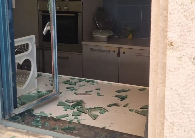 A damaged window at Kol HaNeshamah synagogue in Jerusalem. 