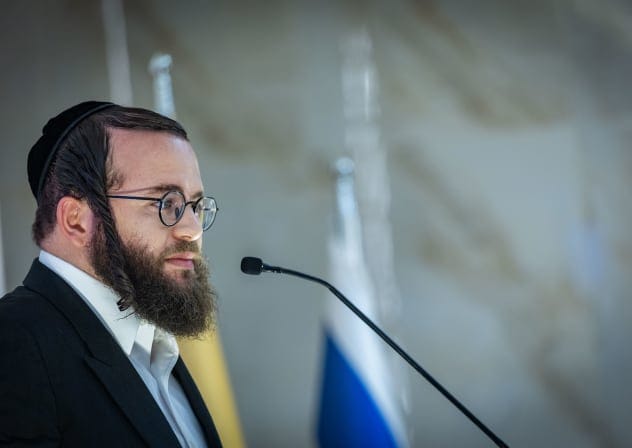 Moti Leitner, chairman of the Haredi Public party, party members and supporters attend the launch of the party’s election campaign ahead of the upcoming Israeli general elections in Beit Shemesh, August 23, 2026.