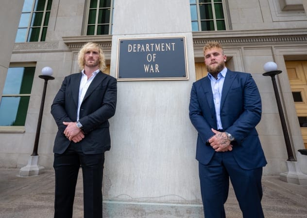 Logan Paul (L) and Jake Paul (R) visit the Pentagon to speak with US troops, September 20, 2026.