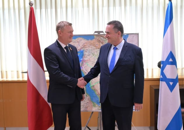 Latvian Defense Minister Raivis Melnis (left) meets with Defense Minister Israel Katz on September 24, 2026. 