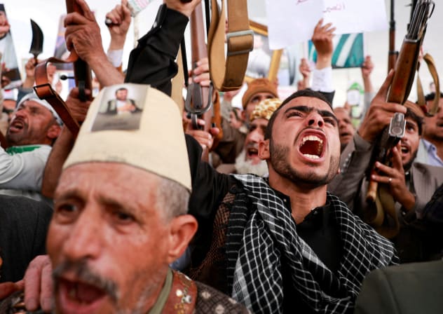 FILE PHOTO: Houthi supporters shout slogans during an anti-Saudi rally amid an escalation with the kingdom, in Sanaa, Yemen, July 31, 2026. 