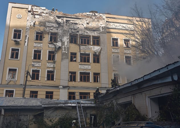 A Russian drone strike damages the upper floor of the administrative building of Ukraine's High Council of Justice in Kyiv on September 25, 2026 in Kyiv, Ukraine. 