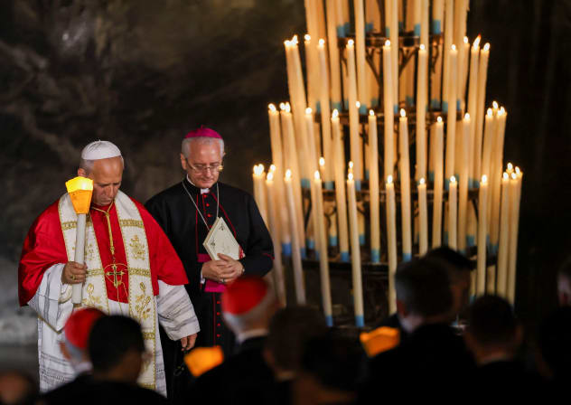 Pope Leo on the day of a candlelight procession, at the Grotto of the Apparitions, also known as the Grotto of Massabielle, at the Sanctuary of Our Lady of Lourdes during his four-day apostolic journey to France, in Lourdes, France, September 27, 2026. 