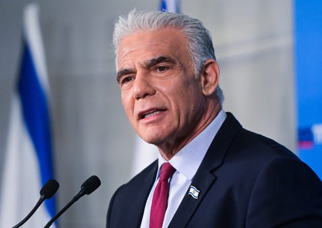 Opposition leader Yair Lapid speaks during a press conference as part of the Together party election campaign in Tel Aviv, central Israel, August 19, 2026.