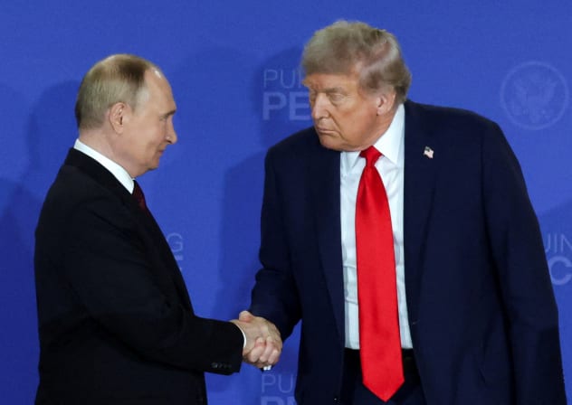 US President Donald Trump and Russian President Vladimir Putin shake hands during a press conference following their meeting to negotiate an end to the war in Ukraine, at Joint Base Elmendorf-Richardson in Anchorage, Alaska, US, August 15, 2025; illustrative.