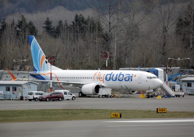 A Boeing 737 MAX aircraft bearing the logo of flydubai is parked at a Boeing production facility in Renton, Washington, US March 11, 2019.