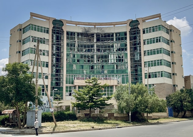 A general view of the damaged building housing Tigray TV, the state broadcaster of Ethiopia's Tigray region, following a drone strike in Mekelle on September 27, 2026.