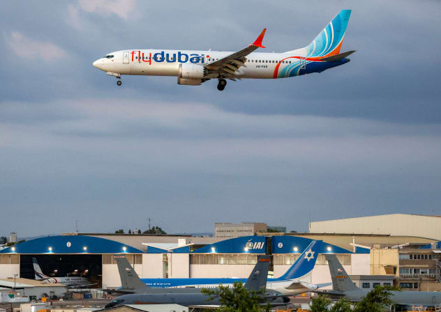 A flydubai Boeing 737 MAX 8 aircraft prepares for landing at Israel's Ben Gurion Airport in Lod on September 30, 2026.