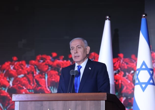 Prime Minister Benjamin Netanyahu gives an address at the October 7 memorial ceremony on Mount Herzl, Jerusalem, October 5, 2026.