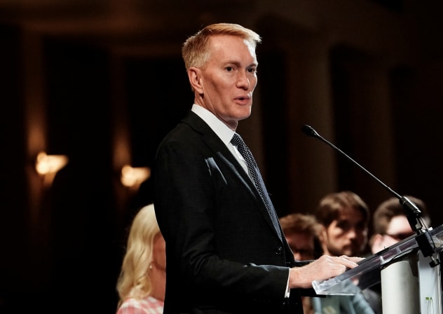 Senator James Lankford (R-OK) addresses attendees inside First Church, on the day of a ceremony to mark the 30th anniversary of the bombing of the Alfred P. Murrah Federal Building in Oklahoma City, Oklahoma, US, April 19, 2025