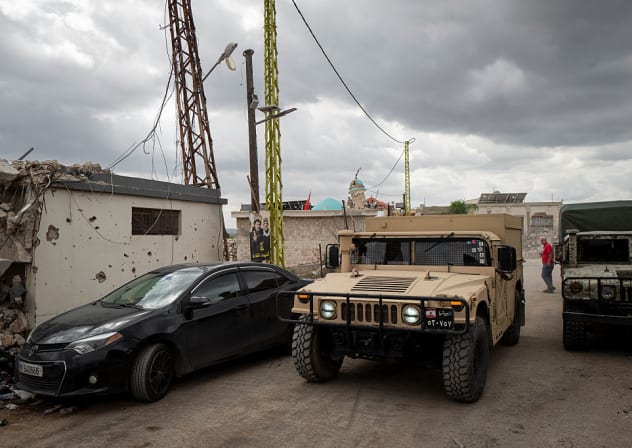 An army vehicle patrols around the town on September 30, 2026 in Zawtar Al-Gharbiyah, Lebanon.