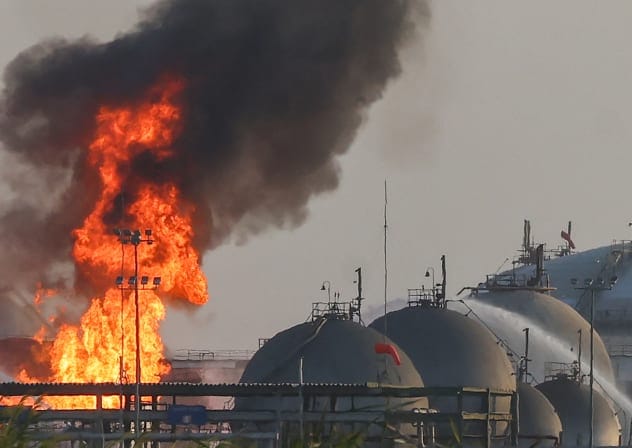 Flames burn at a facility belonging to Saudi oil giant Aramco south of Riyadh on October 3, 2026.