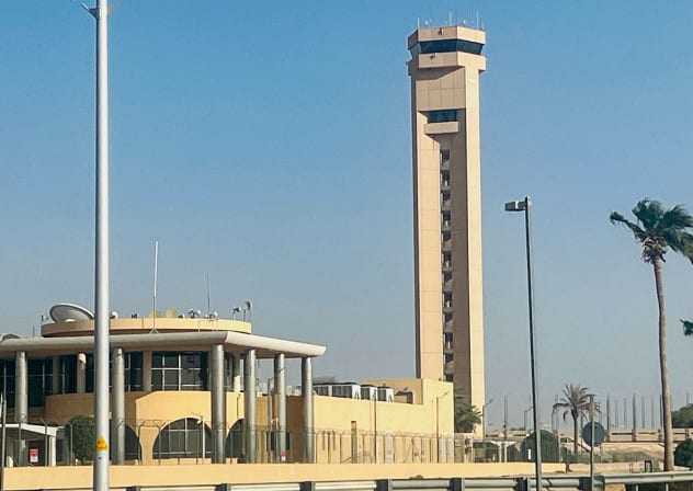 An air traffic control tower is seen at King Khalid International Airport in Riyadh on September 19, 2026. Black smoke and flames rose near Riyadh's international airport on September 19, after Saudi authorities - fighting an escalating conflict with Yemen's Houthis - issued an air raid