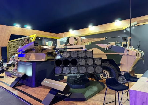 Weapon systems developed by MMI, including turrets and rocket launchers, are exhibited at the Marrakech Airshow in Marrakesh, Morocco, October 7, 2026. Picture taken with a mobile phone. 