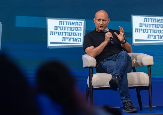 Former Israeli prime minister and B'Yachad party chairman Naftali Bennett speaks during the “Game-Changing Generation” National Youth Conference at the International Convention Center in Jerusalem, October 11, 2026. 