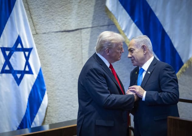 US President Donald Trump with Prime Minister Benjamin Netanyahu during a special plenum session in honor of  Trump at the Knesset on October 13, 2025. 