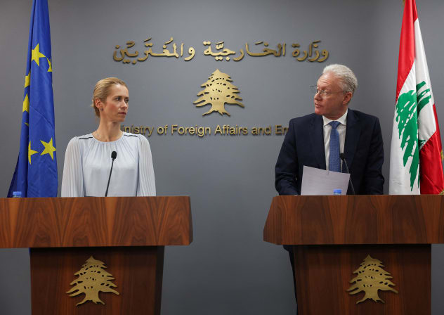 EU European Commission Vice-President Kaja Kallas and Lebanon's Foreign Minister Youssef Rajji attend a press conference, in Beirut, Lebanon, October 8, 2026.