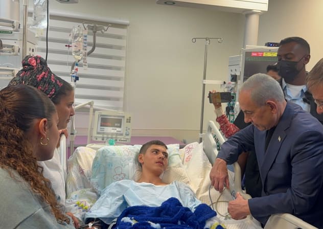 Prime Minister Benjamin Netanyahu and Education Minister Yoav Kisch visited one of the children who was wounded during the northern Israel explosion on Monday, October 12, 2026.