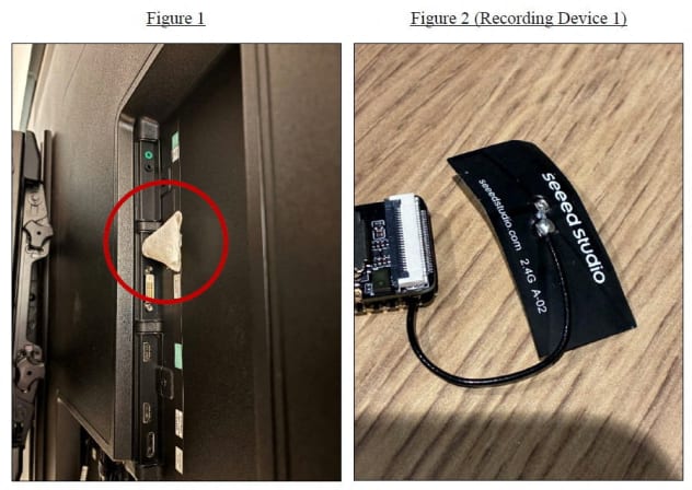 A device, which the US Justice Department says is a hidden audio recording device installed in an OpenAI executive conference room by Abdulrahman Alfozan, a Saudi national employed as an engineer at the AI company, at a location given as San Francisco, California, US. Photo released Oct. 13, 2026.