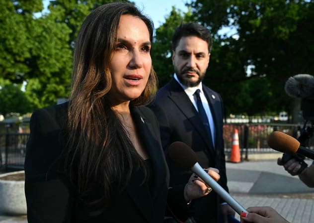 Lebanon Ambassador to the US Nada Hamadeh Moawad speaks to reporters after a meeting with US President Donald Trump, Lebanon Ambassador to the US and Israel Ambassador to the US, at the White House in Washington, DC on April 23, 2026.