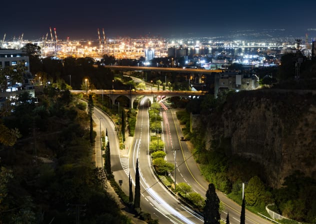 A nighttime view of the Haifa Port and the surrounding area in the northern Israeli city of Haifa, September 17, 2026.