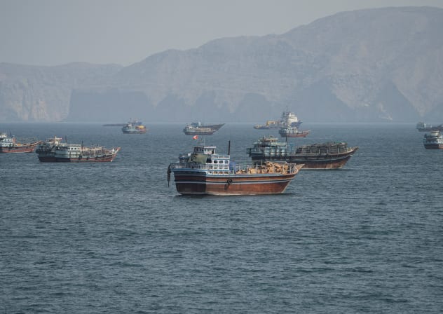 Vessels at the Strait of Hormuz, as seen from Musandam, Oman, October 2, 2026. 