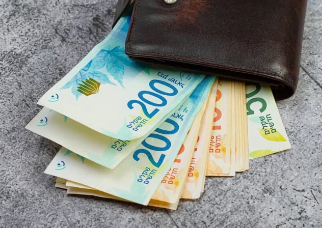 Israeli shekel banknotes in a wallet.