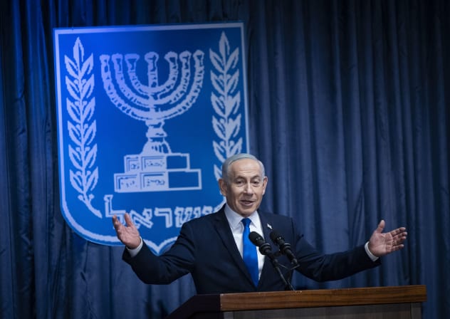Israeli Prime Minister Benjamin Netanyahu attends a reception marking the opening of the Colombian Embassy in Jerusalem, held at the Israeli Ministry of Foreign Affairs in Jerusalem, October 14, 2026.