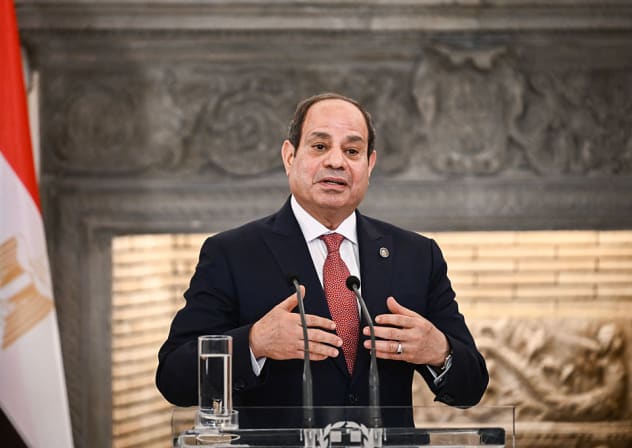 Egyptian President Abdel Fattah El-Sisi speaks during a joint press conference with Greek Prime Minister following their meeting as part of a visit in Athens on May 7, 2025. 