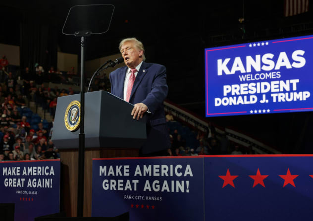 US President Donald Trump speaks during a rally in support of Republican US Senate reelection candidate Roger Marshall (R-KS) in Park City, Kansas, US, October 19, 2026.