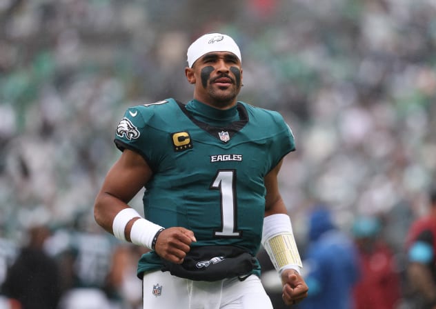 Oct 4, 2026; Philadelphia, Pennsylvania, USA; Philadelphia Eagles quarterback Jalen Hurts (1) before kick off against the Los Angeles Rams at Lincoln Financial Field.