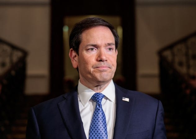 US Secretary of State Marco Rubio looks on upon his arrival at the Taj Mahal Palace Hotel in Mumbai on October 20, 2026.