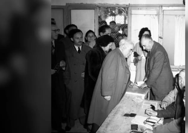 Israel's first prime minister David Ben-Gurion casts his vote in the first election to the Knesset in 1949.