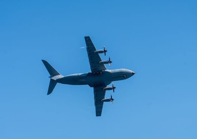 Aerial demonstration of the French Air Force s Airbus A400M military aircraft during the French Flair air show in Menton on August 30, 2026. 