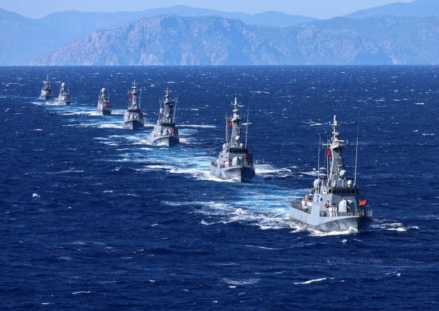 Turkish Navy's Kilic-class fast attack craft participate in a ceremonial parade during the Denizkurdu-I/2026 Exercise in the Eastern Mediterranean, off the coast of Aksaz, at Marmaris in Mugla, on September 24, 2026.