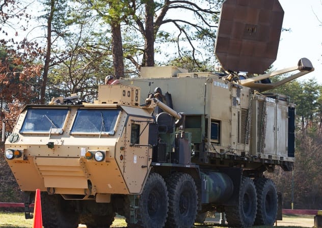A US Marine Corps truck is seen carrying a palletized version of the Active Denial System, March 9, 2012, at the US Marine Corps Base Quantico, Virginia.