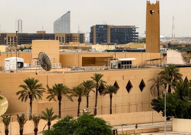  SAUDI-IRAN-US-ISRAEL-WAR The US embassy headquarters in Riyadh is pictured on March 3, 2026, after it was hit by drone strikes earlier. Iran hit back at industrial and diplomatic targets across the Middle East on March 3, with Washington warning its citizens to evacuate the entire region.