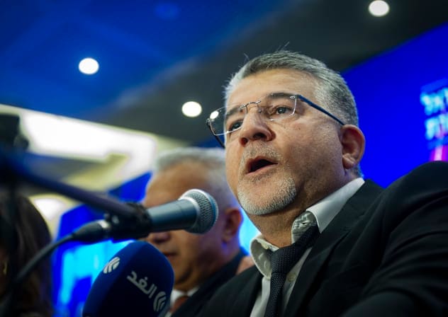Joint List party chairman Yousef Jabareen and supporters gather at the party’s election headquarters in the northern Israeli city of Nazareth, following the closing of polling stations on Israel’s general election night, October 27, 2026.