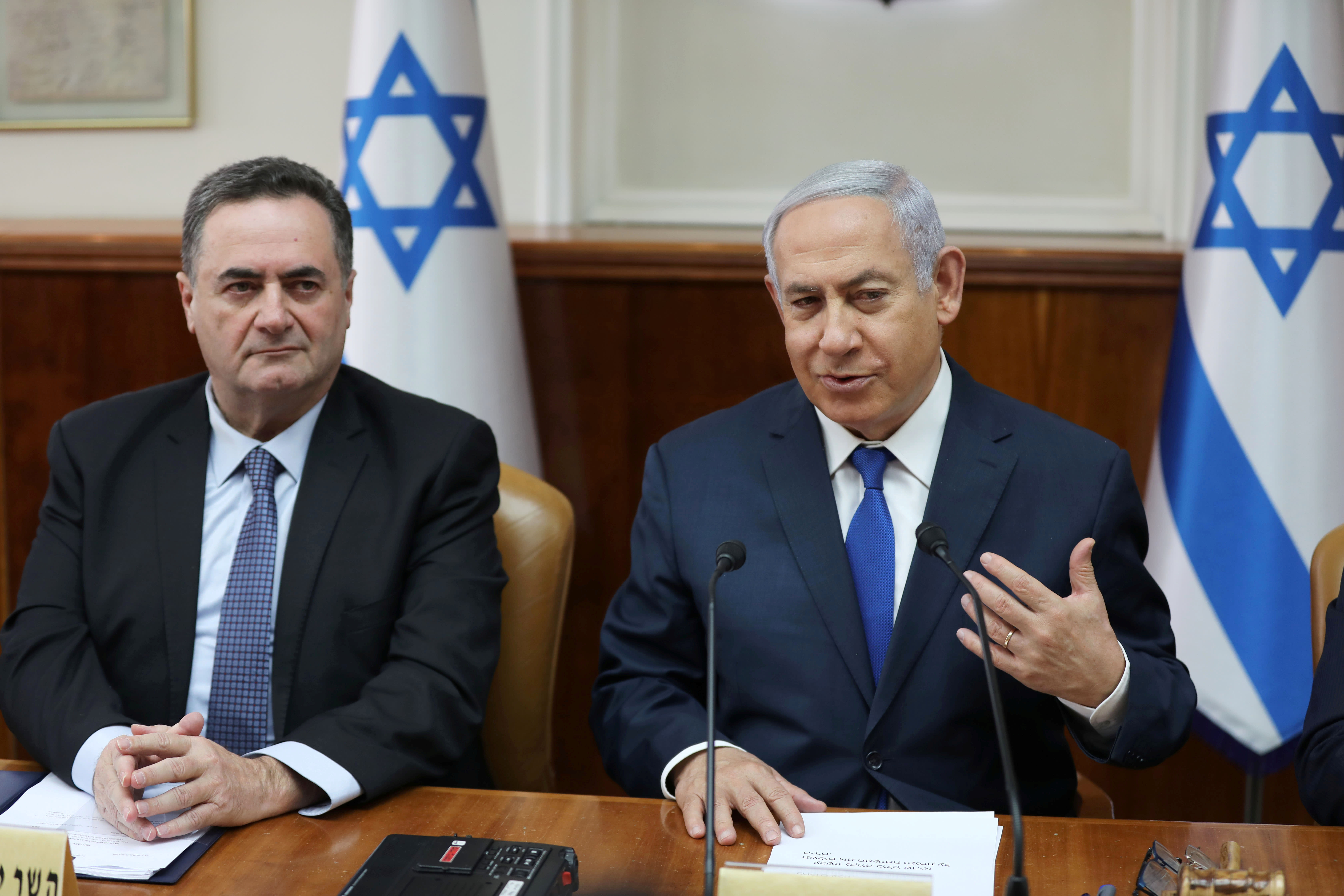 Israeli Prime Minister Benjamin Netanyahu sits next to foreign minister Israel Katz during a cabinet meeting (photo credit: REUTERS)
