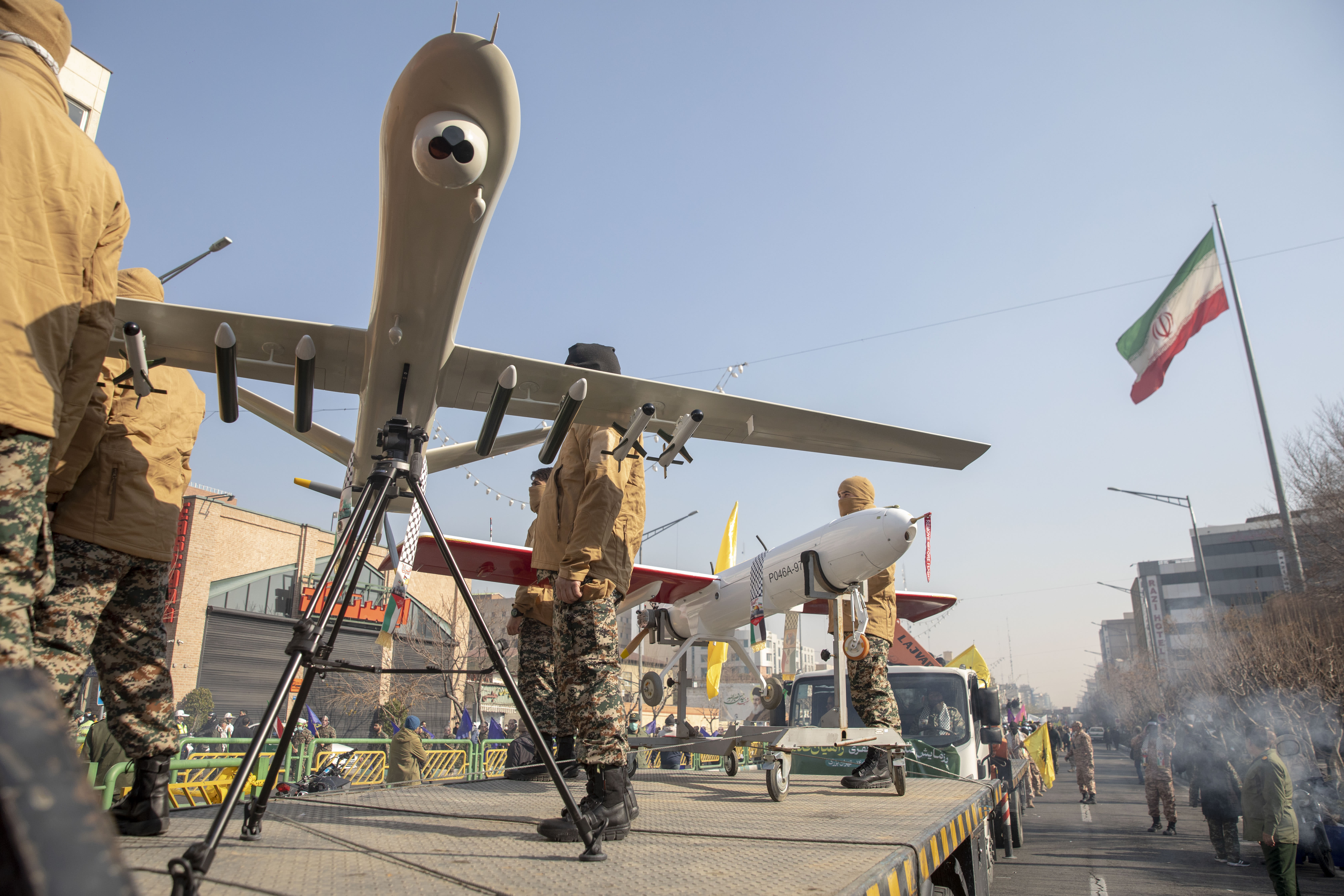 Iranian Basij militia members display their drones during military manoeuvres on January 10, 2025 in Tehran, Iran. (photo credit: Majid Saeedi/Getty Images)