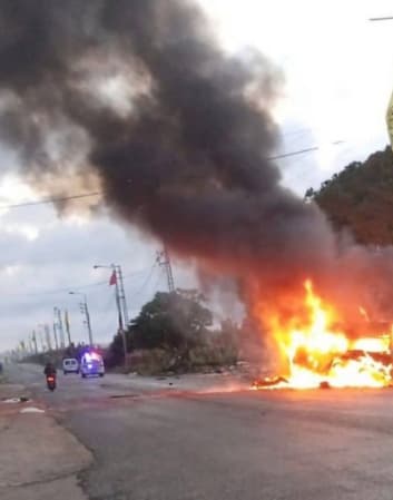 A vehicle can be seen burning in the Tyre District, southern Lebanon, April 8, 2026. (photo credit: SOCIAL MEDIA)