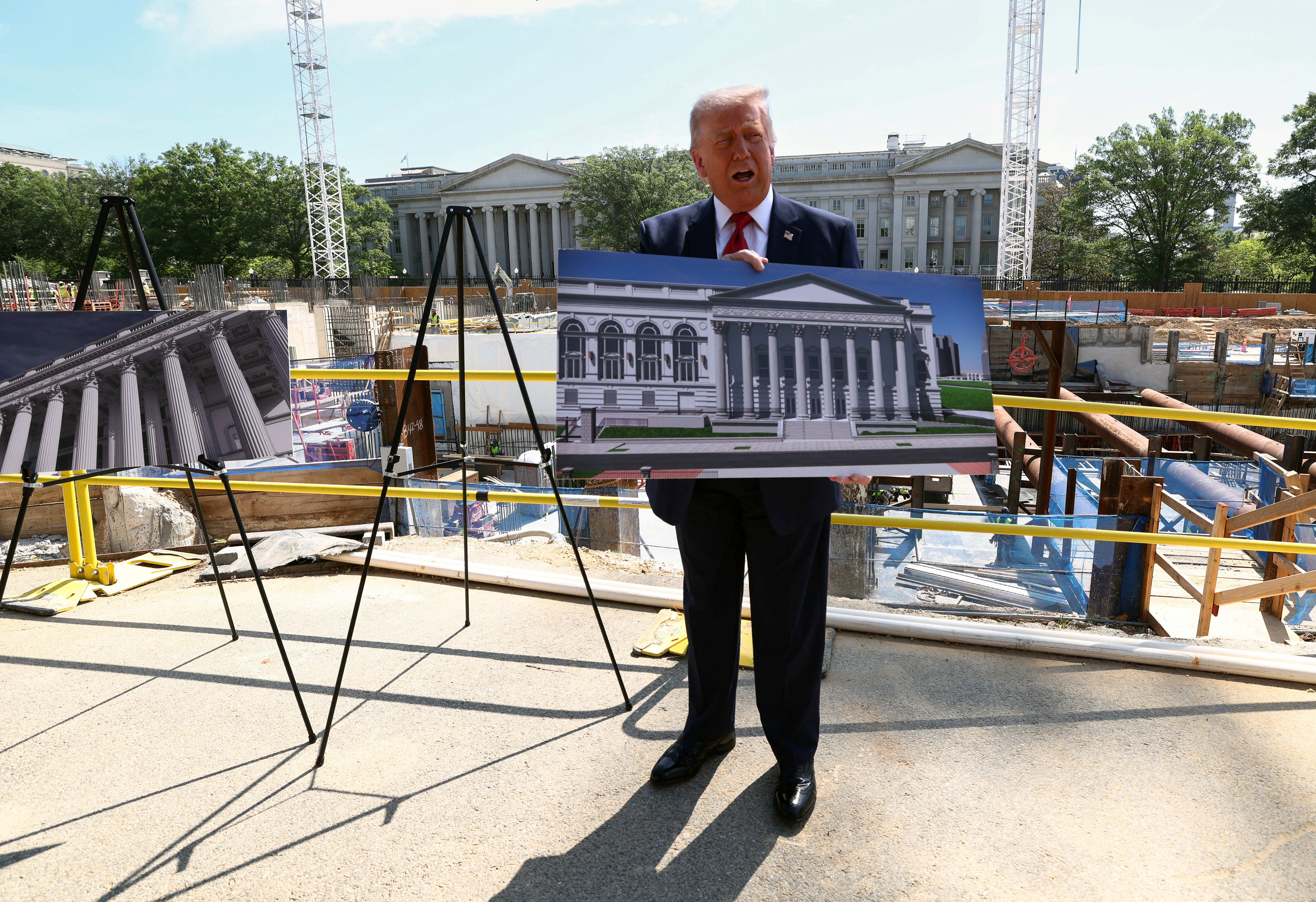 US President Donald Trump speaks at the site of ongoing construction of the planned White House ballroom in Washington, DC, US, May 19, 2026. (photo credit: KEVIN LAMARQUE/REUTERS)