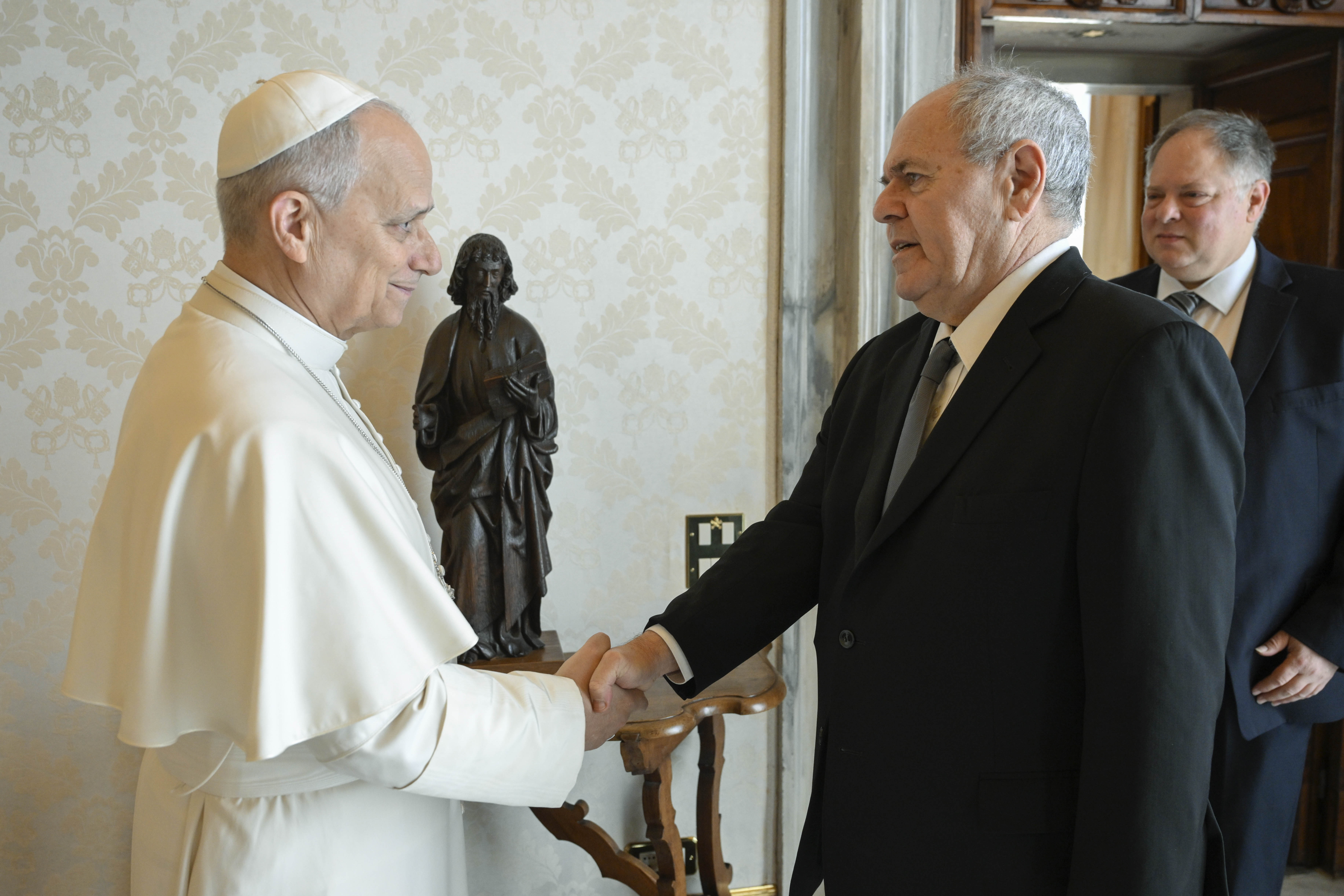 Yad Vashem Chairman Dani Dayan meets with Pope Leo XIV at the Vatican, March 23, 2026 (photo credit: Vatican Media)