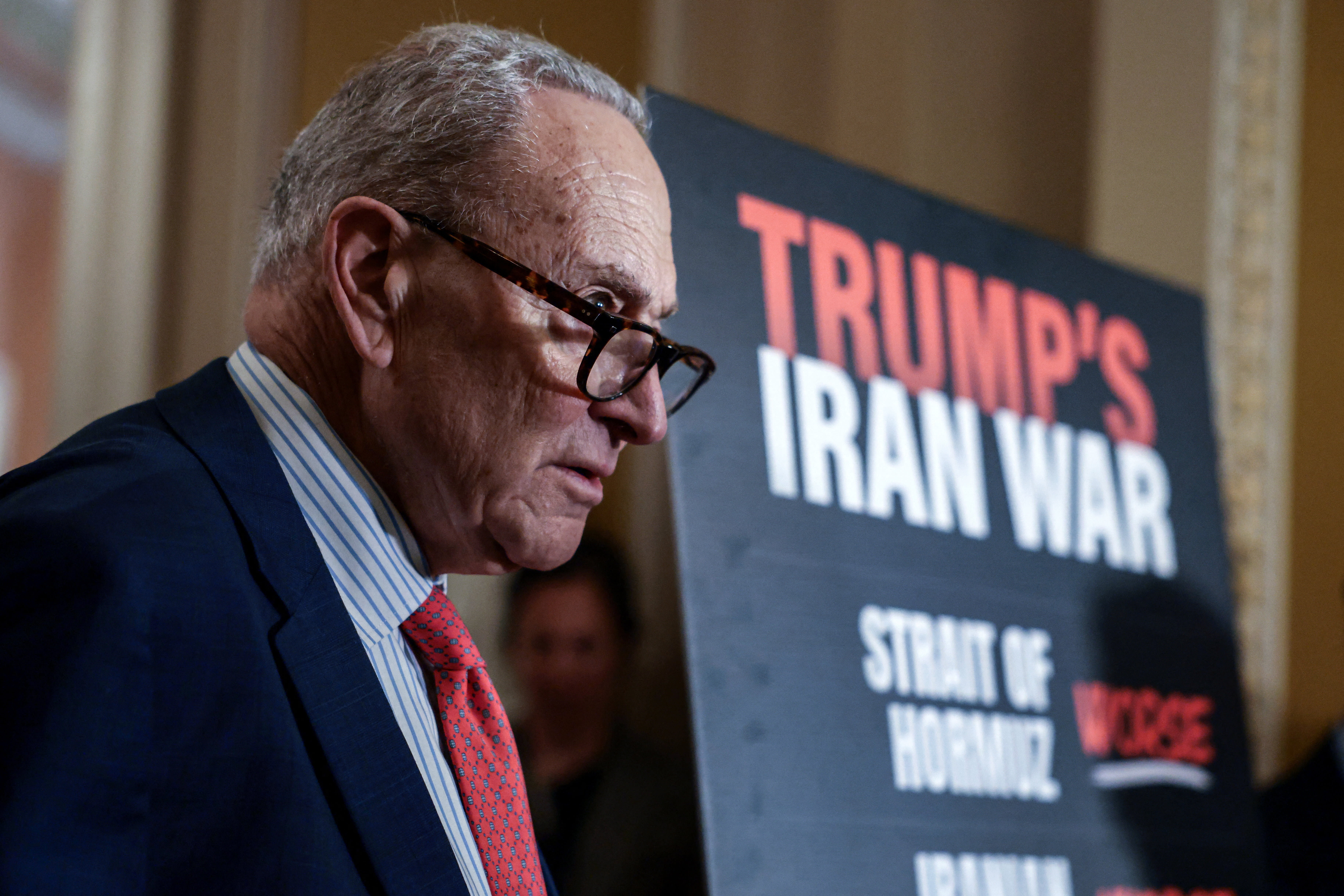 Senate Minority Leader Chuck Schumer (D-NY) takes questions during a press conference following the Democrats weekly policy lunch on Capitol Hill in Washington, DC, US, April 14, 2026. (photo credit: EVELYN HOCKSTEIN/REUTERS)